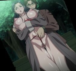 1boy 1girls areolae blue_eyes blue_hair breasts brown_hair glasses ishida_yumi large_breasts mesu_saga:_persona nipples outdoors pubic_hair public_nudity puffy_nipples screencap stitched straight thick_thighs thighs tummy uncensored vagina vaginal_juices