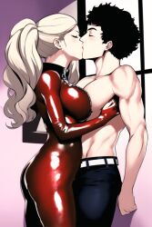 1boy 1girls ai_generated ann_takamaki atlus bare_shoulders belt big_breasts bodysuit female hug jeans kissing latex male megami_tensei muscular muscular_male nai_diffusion older_male persona persona_5 red_bodysuit shiny stable_diffusion suguru_kamoshida teacher topless_male unkempt_hair wavy_hair wrinkles zipper