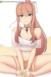 bare_legs bare_midriff bare_shoulders bare_thighs barefoot bow breasts brown_hair casual_clothes choker cleavage clothed clothing collarbone crossed_legs doki_doki_literature_club feet_together female female_focus female_only fingernails grabbing_feet green_eyes green_nails hair_ornament hands_on_feet legs_apart legs_spread long_hair medium_breasts monika_(doki_doki_literature_club) nail_polish navel navel_line ponytail raionart see-through_clothing see-through_top short_shorts shorts sitting thick_thighs thighs toenail_polish toenails wide_thighs