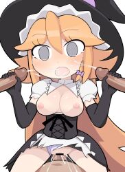 3boys akane_(cookie) apron bar_censor black_corset black_gloves black_headwear black_skirt blush bow breasts breasts_out censored cleavage cleavage_cutout clothing_aside clothing_cutout commentary cookie_(touhou) corset cowboy_shot cum cum_in_pussy cum_overflow double_handjob ejaculation elbow_gloves facial female frilled_apron frills gloved_handjob gloves grey_eyes hair_between_eyes hairbow handjob hat hat_bow highres hospital_king kirisame_marisa long_bangs long_hair looking_at_viewer medium_breasts multiple_boys nipples open_mouth panties panties_aside penis puffy_short_sleeves puffy_sleeves purple_bow purple_panties pussy sex shirt short_sleeves simple_background skirt solo_focus straight textless_version torn_clothes torn_skirt touhou underbust underwear vaginal_penetration very_long_hair waist_apron white_apron white_background white_shirt witch_hat