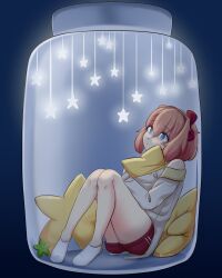 bare_legs bare_thighs blue_eyes bow brown_hair doki_doki_literature_club female female_focus female_only hairbow hugging hugging_pillow jar just_sayori knees_together_feet_apart pajamas raionart safe sayori_(doki_doki_literature_club) short_hair short_shorts shoulders sitting sleepwear socks star_pillow thick_thighs thighs wide_thighs