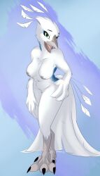 2023 anthro avian beak bird blue_body blue_feathers breasts corrvo crotch_tuft eyebrows feathers female galliform genitals green_eyes hand_on_hip hi_res looking_at_viewer nipples open_beak open_mouth peafowl phasianid pussy raised_eyebrows signature simple_background solo standing tail_feathers talons tuft white_body white_feathers winged_arms wings