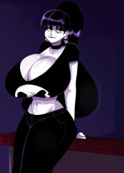 big_breasts black_hair blunt_bangs breasts choker crop_top eyeshadow female goth green_eyes honeyboyy huge_breasts large_breasts lindel_dollice_quilten long_hair massive_breasts pale-skinned_female pale_skin smile smiling_at_viewer