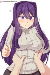 anticipation blue_hair blush blush_lines breasts doki_doki_literature_club embarrassed female female_focus female_only grabbing_waist hands_around_waist horny large_breasts long_hair looking_down purple_eyes purple_hair raionart shy slim_waist smile sweater turtleneck waist_grab waist_up wide_hips yuri_(doki_doki_literature_club)