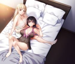 2girls bare_shoulders bed_sheet black_dress black_hair blonde_hair blue_eyes braid breasts breasts_apart cleavage closed_mouth commentary_request covered_navel covered_nipples crown_braid dress frown highres holding_hands knees_up large_breasts lingerie long_hair looking_at_viewer looking_up lying multiple_girls nakajima_yuka on_back on_bed orange_eyes original pillow short_hair sleepwear smile underwear white_dress