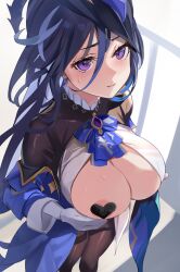 1girls big_breasts clorinde_(genshin_impact) clothing female female_only genshin_impact gloves large_breasts long_hair long_sleeves looking_at_viewer pantyhose pasties purple_eyes solo solo_female thick tomas_(kaosu22) voluptuous