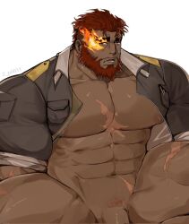 1boy abs artist_request bara bare_pectorals beard bottomless dark-skinned_male dark_skin eyebrow_cut facial_hair feet_out_of_frame flaccid flaming_eye hephaestus_(tokyo_afterschool_summoners) highres jacket large_areolae large_pectorals looking_at_viewer male male_focus male_only male_pubic_hair mature_male muscular muscular_male navel nipples open_clothes open_jacket out-of-frame_censoring pectorals pubic_hair puffy_nipples red_eyes scar scar_on_chest short_hair solo tearing_up thick_eyebrows thick_thighs thighs tokyo_afterschool_summoners unzipped very_dark_skin