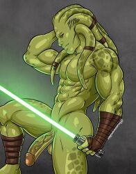 1boy abs alien alien_boy biceps clone_wars green_skin kit_fisto lightsaber male male_only muscular muscular_male nautolan nude pecs pectorals penis posing solo solo_male star_wars tentacle_hair triceramonster veiny_penis