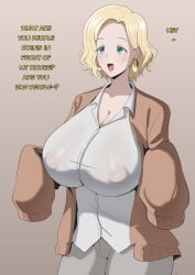 1girls big_areola big_breasts big_nipples blonde_hair earrings english_text ferris_olston green_eyes huge_breasts jacket large_breasts lipstick milf mother netorare nipples_visible_through_clothing shirt text tomo-chan_wa_onna_no_ko white_skin yamino_kuroko