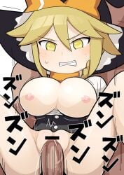 1boy bar_censor black_vest blonde_hair blush body_freckles bow breasts breasts_out buttons censored cleavage cleavage_cutout clenched_teeth clothing_cutout commentary cookie_(touhou) female freckles hair_between_eyes hat hat_bow hospital_king kirisame_marisa kohaku_(cookie) large_breasts long_bangs long_sleeves motion_lines nipples orange_bow orange_scarf penis pussy reverse_suspended_congress scarf sex shirt short_hair simple_background solo_focus straight teeth touhou vest white_background white_shirt witch_hat yellow_eyes