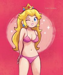 artist_name bare_shoulders bikini bikini_bottom bikini_top blonde blonde_female blonde_hair blonde_hair_female bra breasts cleavage crown dingitydingus female female_only headwear long_hair mario_(series) navel panties pink_bikini pink_bikini_bottom pink_bikini_top pink_bra pink_panties princess_peach red_background softcore swimwear twitter_username