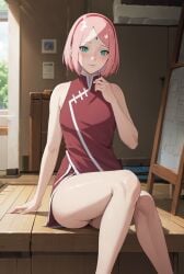 1girls ai_generated arm_support bare_legs bare_shoulders blush boruto:_naruto_next_generations bottomless breasts china_dress chinese_clothes curvaceous dress forehead_mark green_eyes half-dressed jordan53 legs_together long_hair looking_at_viewer mature mature_female milf nai_diffusion naruto naruto_(series) partially_clothed petite pink_hair sakura_haruno sitting sleeveless smile solo solo_focus stable_diffusion