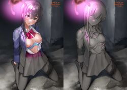 1girls 2023 alone-belm alone_belm black_hair blue_bra bra bra_down breasts breasts_out clothing dated defeated female kneeling long_hair nipples open_mouth original petrification purple_eyes skirt small_breasts spread_legs student turned_to_stone