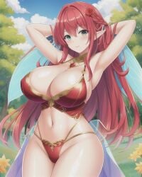 1girls ai_generated arms_behind_head blue_eyes breasts_bigger_than_head fairy fairy_wings female female_focus female_only forest_background green_eyes heterochromia huge_breasts long_hair pointy_ears red_clothing red_hair thick_thighs underwear zerjailes