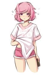 1girls blush blush_lines collarbone doki_doki_literature_club drowsy energy_drink exercise_shorts female female_focus female_only hand_under_shirt natsuki_(doki_doki_literature_club) oversized_shirt pajamas pink_eyes pink_hair raionart short_shorts simple_background sketch sleepwear sleepy small_breasts thick_thighs thighs waking_up