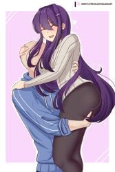 anon breasts breasts_in_face carrying closed_eyes doki_doki_literature_club excited face_in_breasts hand_on_back hand_on_butt happy happy_female large_breasts leggings long_hair long_sleeves open_smile picked_up picking_up purple_hair raionart side_view smile smiling sweater thick_ass thick_thighs thighs wide_thighs yuri_(doki_doki_literature_club)