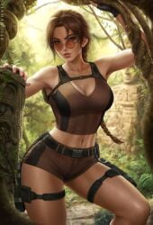 1girls alternate_version_available breasts brown_eyes brown_hair cleavage eyewear female female_only full_lips fully_clothed glasses gun hartman_hips holster hotpants lara_croft lara_croft_(l.a.u.) large_breasts looking_at_viewer looking_over_eyewear looking_over_glasses looking_over_sunglasses midriff outdoors outside ponytail posing red-tinted_eyewear sciamano240 short_shorts solo solo_female sunglasses thigh_holster tight_clothing tight_pants tight_tank_top tinted_eyewear tomb_raider tomb_raider_(l.a.u.) wide_hips