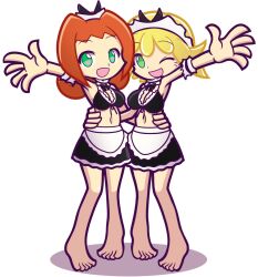 2girls ally_(puyo_puyo) amitie big_breasts blonde_hair bra breasts female female_only furii_(artist) green_eyes heart large_breasts maid maid_headdress maid_uniform multiple_girls one_eye_closed orange_hair puyo_puyo puyo_puyo_artstyle puyo_puyo_fever puyo_puyo_quest sega simple_background