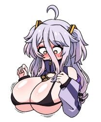 1girls @_@ ahoge alternate_breast_size big_breasts black_bra blush chavez female henya_the_genius huge_breasts inksgirls light-skinned_female solo upper_body virtual_youtuber vshojo white_background yellow_eyes