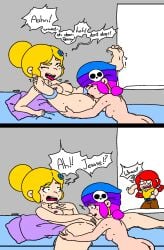 ass bedroom brawl_stars d3rmal hand_on_leg jessie_(brawl_stars) licking_pussy penny_(brawl_stars) pillow pink_hair piper_(brawl_stars) red_hair shocked surprised yellow_hair