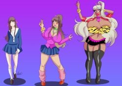 bimbo bimbofication female fruits_basket gradient_background gyaru hair_color_change hair_growth high_heels large_ass large_breasts lips lufidelis navel purple_background tan thick_thighs thigh_expansion tohru_honda transformation transformation_sequence wide_hips