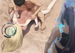1boy 2girls absurdres arched_back arm_grab ass black_hair blonde_hair blue_archive blur_censor blurry breasts bulldog_position buruma censored cleaning_&_clearing_(blue_archive) commentary_request completely_nude dark-skinned_female dark_skin depth_of_field hair_down halo hanging_breasts highres karin_(blue_archive) long_hair looking_at_another looking_down male_pubic_hair millennium_science_school_student motion_blur multicolored_hair multiple_girls nipples nude outdoors penis pubic_hair ramanda rough_sex sand sex sex_from_behind sports_bra squatting streaked_hair toki_(blue_archive)