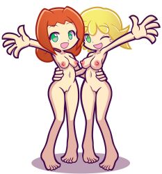 2girls accurate_art_style ally_(puyo_puyo) amitie ass big_breasts blonde_hair breasts furii_(artist) green_eyes heart-shaped_pupils large_breasts multiple_girls naked nipples one_eye_closed orange_hair pussy puyo_puyo puyo_puyo_artstyle sega simple_background thighs