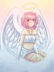 1girls angel angel_wings angelic bare_midriff blush collar collarbone doki_doki_literature_club female female_only frilled_legwear frills gloves gold_ribbon halo natsuki_(doki_doki_literature_club) navel pink_eyes pink_hair raionart ribbons small_breasts solo thick_thighs thighs