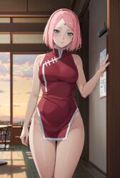 1girls ai_generated arm_support bare_legs bare_shoulders blush boruto:_naruto_next_generations bottomless breasts china_dress chinese_clothes curvaceous dress forehead_mark green_eyes half-dressed jordan53 legs_together long_hair looking_at_viewer mature mature_female milf nai_diffusion naruto naruto_(series) no_pants partially_clothed petite pink_hair sakura_haruno sitting sleeveless smile solo solo_focus stable_diffusion standing wide_hips