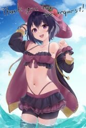 1girls alternate_costume bikini black_bikini black_hair black_swimsuit female female_only fire_emblem fire_emblem_awakening happy haru_(nakajou-28) hat looking_at_viewer morgan_(fire_emblem) morgan_(fire_emblem)_(female) nintendo purple_eyes short_hair small_breasts solo swimsuit