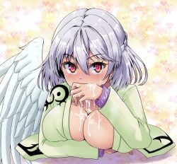 angel_wings arm_under_breasts blush breasts cleavage commentary_request covering_mouth cum cum_on_body cum_on_breasts cum_on_hands facial feathered_wings female grey_hair hair_between_eyes hand_up heart heart_background highres hits_(hitstts) jacket kishin_sagume large_breasts long_sleeves looking_at_viewer medium_hair sagume_kishin shadow simple_background single_wing solo touhou upper_body wings