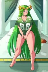 1girls assentlov bed bedroom breasts football football_jersey goddess green_eyes green_hair green_lipstick green_shirt jersey kid_icarus kid_icarus_uprising large_breasts lipstick long_hair looking_at_viewer makeup nintendo painted_toenails palutena pillows shirt shirt_pull standing tiara