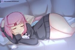 1girls accessory artist_name asleep bangs bare_legs bare_thighs closed_eyes cute doki_doki_literature_club eyes_closed hair_accessory hair_ornament hairclip half_dressed hoodie legs_together lying lying_on_side natsuki_(doki_doki_literature_club) on_side panties petite petite_body petite_female pink_hair pink_panties pink_striped_panties pink_underwear plushie raionart red_ribbon resting_on_arms ribbon short_hair sleeping solo solo_female striped striped_panties striped_underwear swept_bangs thick_thighs thigh_gap thighs underwear wholesome wide_hips wide_thighs