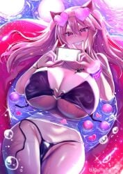 big_breasts bikini blonde_hair cleavage curvy hourglass_figure huge_breasts invitation inviting kaenuco looking_at_viewer mia_(kaenuco) original peace_sign phone pool pool_toy sunglasses_on_head swimsuit twintails untied_bikini water wide_hips