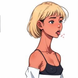 ai_generated blonde_hair kofune_mio nipples_visible_through_clothing open_mouth short_hair small_breasts stable_diffusion tan_skin tongue_out