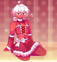 1boy bow christmas clothing countryhumans femboy legwear male male_only markai_cat poland_(countryhumans) red_background red_eyes short_hair simple_background skirt white_hair