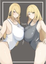 2girls big_breasts breasts_frottage cynthia_(pokemon) exposed_ass facing_viewer female female_only grey_swimsuit hair_ornament lusamine_(pokemon) mature_female milf one-piece_swimsuit pokemon white_swimsuit