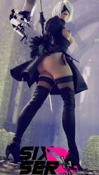 3d areolae big_ass blindfold dress exposed_breasts female female_only nier nier:_automata nier_(series) nipples non-nude pod_(nier) sixser smile thick_thighs walking yorha_2b