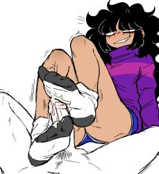 1boy 1girls ankle_socks anklehighs black_hair cum cum_on_clothes cum_on_feet cumshot demon_girl ejaculation erection feet foot_fetish foot_focus footjob footjob_with_legwear footwear ghost_girl grin needlemouse_(series) offscreen_male orgasm original_character penis penis_out pov sarah_henderson_(needlemouse) smug sock_fetish socked_feet sockjob socks soles sonic.exe two-footed_footjob unknown_artist white_socks