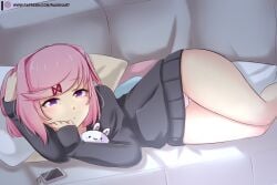 1girls accessory artist_name bangs bare_legs bare_thighs cute doki_doki_literature_club drowsy hair_accessory hair_ornament hairclip half_dressed hoodie legs_together lying lying_on_side matching_hair/eyes natsuki_(doki_doki_literature_club) on_side panties petite petite_body petite_female phone pink_eyes pink_hair pink_panties pink_striped_panties pink_underwear plushie raionart red_ribbon resting_on_arms ribbon short_hair sleepy solo solo_female striped striped_panties striped_underwear swept_bangs thick_thighs thigh_gap thighs underwear wholesome wide_hips wide_thighs