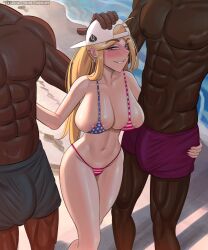 1girls 2boys american_flag_bikini areola_slip areolae beach big_penis bikini blonde_hair breasts bulge dark-skinned_male dark_skin female hat height_difference huge_breasts huge_cock imminent_sex interracial large_penis light-skinned_female light_skin long_hair male massive_breasts melondraws melony_(melondraws) original outdoors penis queen_of_spades unseen_male_face