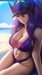 1girls absurd_res absurdres angry beach bikini blurry_background blush breasts cleavage clenched_teeth day hat hi_res high_resolution highres horns landscape league_of_legends limgae looking_at_viewer navel outside pool_party_series pool_party_syndra purple_bikini purple_eyes purple_hair riot_games sky syndra