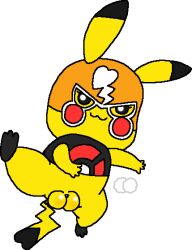 clothed clothing cosplay_pikachu female female_only feral feral_only heart kicking male_focus martial_arts mask nintendo official_alternate_costume pikachu pikachu_libre plump_labia pokémon_(species) pokemon puffy_maker pussy spread_legs tail transparent_background watermark wrestling_outfit yellow_fur yellow_skin