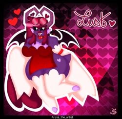 alissa_the_artist black_sclera collar demon demon_girl demon_wings dress earrings female glasses heart-shaped_pupils heart_shaped_horns heart_tattoo horns long_gloves long_hair lust_(alissa_nsfw) magenta_hair oc original_character purple_skin red_dress round_glasses self_upload sharp_teeth thick_thighs thighhighs wide_hips