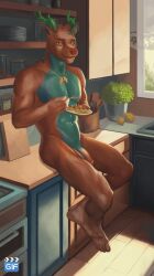 abs animated anthro antlers balls blue_body blue_fur blue_hair breakfast brown_body brown_fur brown_hair digital_media_(artwork) ears_up fur genitals hair horn jewelry kitchen levsha male male_only morning muscular necklace penis pubes red_nose solo sun yellow_eyes