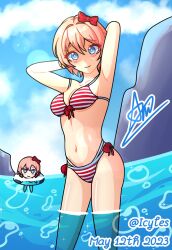 1girls 2023 bikini bikini_bottom bikini_top blue_eyes blush bow breasts chibi cleavage dated doki_doki_literature_club english_text female floaty_tube hairbow hands_behind_head hapicyles just_sayori lifesaver red_bow red_hair_bow red_hairbow sayori_(doki_doki_literature_club) signature strawberry_blonde_hair striped_bikini text twitter_username water