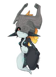 2023 armor blonde_hair blue_nipples breasts erocoffee female full-length_portrait genitals hair headgear headgear_only helmet helmet_only hi_res humanoid humanoid_pointy_ears imp looking_at_viewer midna multicolored_body multicolored_skin nintendo nipples not_furry one_eye_obstructed portrait pussy simple_background solo the_legend_of_zelda twili twilight_princess two_tone_body two_tone_skin white_background wide_hips