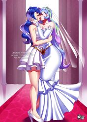 2girls 5_fingers blue_hair breasts bridal_veil bride bride_and_bride closed_eyes couple dress elbow_gloves female female_only fingerless_gloves french_kiss french_kissing friendship_is_magic gijinka gloves green_hair hand_on_head hasbro high_heels hug hugging incest jadenkaiba kissing large_breasts lesbian_wedding long_hair multicolored_hair my_little_pony princess princess_celestia_(mlp) princess_luna_(mlp) purple_hair red_carpet royal royalty short_dress siblings sisters veil wedding_dress wedding_veil white_dress wife_and_wife yuri yuri_wedding