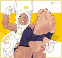 1girls arm_up armpits athletic clothed dark-skinned_female dark_skin feet female fit foot_fetish foot_focus gloves hi_res legs_up leotard long_hair looking_at_viewer miruko muscular my_hero_academia open_mouth pov rabbit_ears rumi_usagiyama smile solo stirrup_legwear supahfiyah thick_thighs thighhighs thighs toeless_legwear white_hair