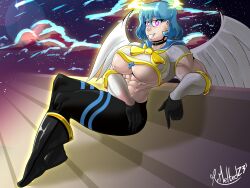 1girls aballon_(mrmelted) abs angel angel_wings armor biceps big_breasts blue_hair boots breastplate breasts female female_only halo looking_at_viewer mrmelted muscular muscular_female original pants pink_eyes sitting smile solo underboob wings